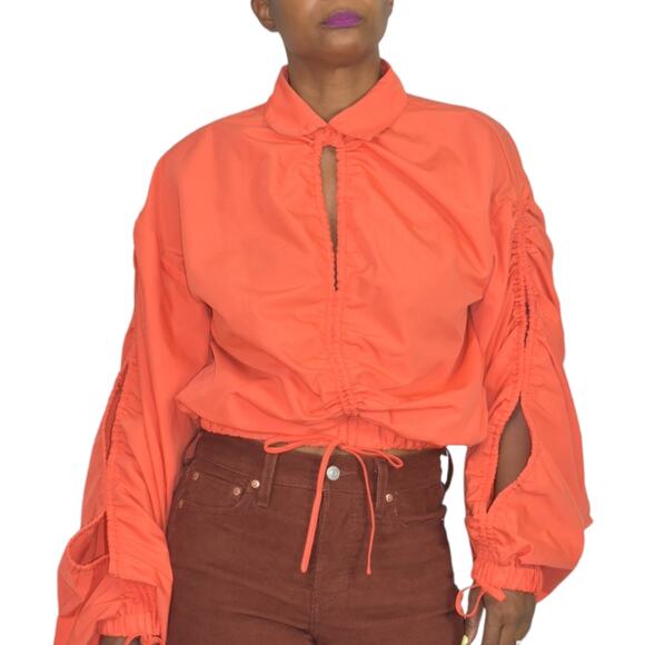 Love Highlight Bubble Sleeve Top Orange Blouse Ruched Cropped Slouchy Size Small - Picture 15 of 15